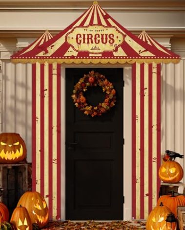 Chunnin Halloween Carnival Decorations Circus Party Awning Creepy Horror Circus White and Red Striped Porch Banner Creepy Carnival Tent for Halloween Eve Theme Party Photo Props Decorations