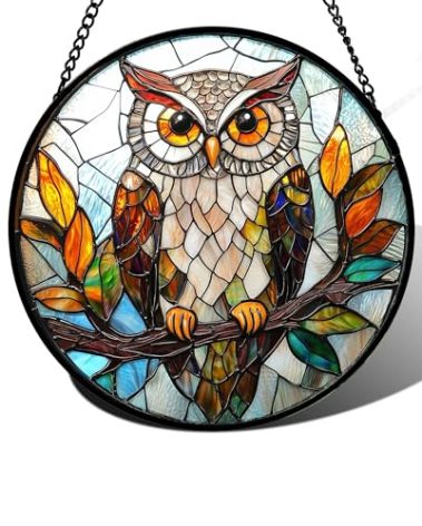 DASTOLL Stained Glass Window Hanging, Owl Colorful Leaves Birds Sun Catchers Diamond Glass Panel Hangings Suncatcher Decor for Birthday for Women, Men, Wife, Aunt, and Mom 7.8 in