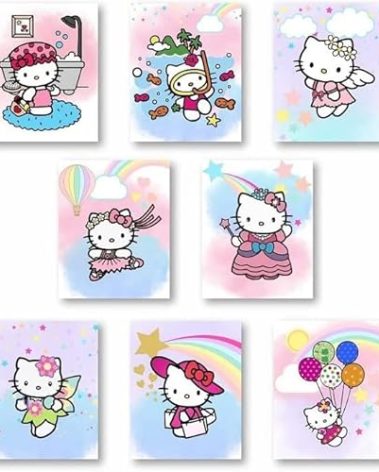 SYCART Hello Kitty Watercolor Poster Prints, Wall Decor for Kids, UNFRAMED Set of 8 (8x10 Inches), Room Decor, Posters for Girls Room