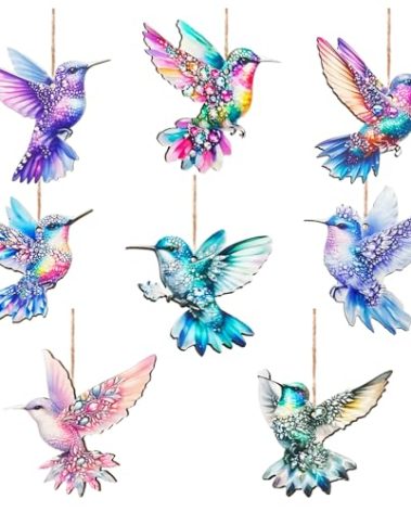 16pcs Hummingbird Hanging Decorations Wooden Bird Hanging Ornament Artificial Birds for Christmas Wall Home Party Decor