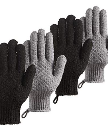 CLEEDY Bath Exfoliating Gloves - 4 Pcs Lengthened and Large Scrubbing Gloves for Shower, Spa, Massage - Scrub Mitts for Body, Face, Hand and Foot (Black and Gray)