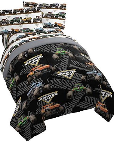 Jay franco Monster Jam Tracks 4 Piece Twin Bed Set - Includes Comforter & Sheet Set - Bedding Features Grave Digger & Megalodon - Super Soft Fade Resistant Microfiber (Official Monster Jam Product)