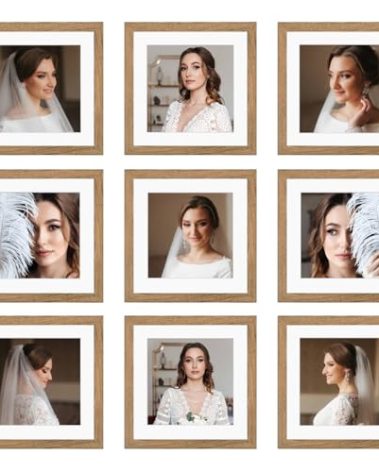 BSRHOME 8x8 Picture Frame Set of 9, Display Pictures 4x4 with Mat or 8x8 without Mat, Multi Collage Gallery Square Photo Frames for Wall or Tabletop,Light Brown