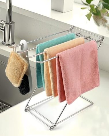 Kitchen Towel Holder Stand, 4-Arm Dish Towel Holder Countertop Towel Drying Rack for Bathroom, Free Standing Hand Towel Stand Washcloth Dish Cloth Drying Rack, Z-Shaped Folding Hanging Towel Bar Stand