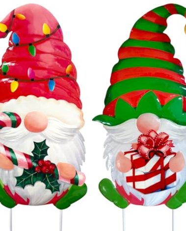 YiKizy 2 Packs Chrismas Decorations Yard Stakes Sign, 23 Inch Metal Gnome Stake, Waterproof Outdoor Decorative Xmas Holiday Outdoor Garden Welcome Signs Yard Lanwn Stake