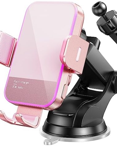 Wireless Car Charger,【7 Colored LED Backlit】 15W Auto Clamping Car Charger Phone Mount Holder fit for iPhone 14 13 12 Mini Pro Max 11 XR XS, Samsung Galaxy S23 Ultra S22 S21+ S10+ Note 20, etc - Pink