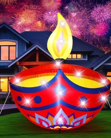VIHOSE 4.27 ft Happy Diwali Inflatables Outdoor Decorations Diyas Oil Lamp Blow up Yard Decor Tea Light Style Indian Diwali with Built in LED Lights for Hindu Party Deepavali Home Garden Yard Lawn