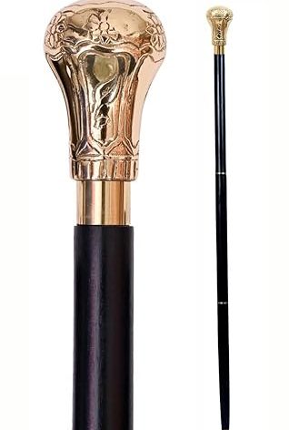 Replica of Bat Masterson Walking Cane Wooden Walking Stick Handmade Brass Knob Handle Walking Cane for Men and Women, Black and Gold 37.5 Inch