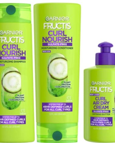 Garnier Fructis Curl Nourish Sulfate Free Moisturizing Shampoo, Conditioner + Air Dry Cream Defining Butter Set (3 Items), 1 Kit (Packaging May Vary)