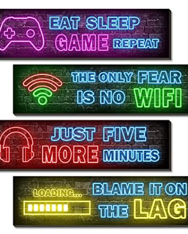 4 Pcs Printed Neon Gaming Posters, Teen Boys Room Decorations, gamer wall art Decor for bedroom Wooden