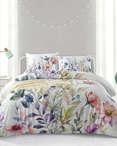 Style Quarters Duvet Cover King-3PCS Washed Microfiber Duvet Cover Set Includes 1 Duvet and 2 Pillow Shams Meadow-Floral Bedding Set Soft King Size Duvet Cover with Zipper Closure Corner Ties
