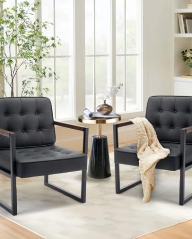 COLAMY Mid Century Modern Accent Chair Set of 2, Comfy Living Room Chair, Black Leather Accent Chair, Faux Leather Reception Armchair with Metal Legs for Living Room Bedroom Reception Office, Black