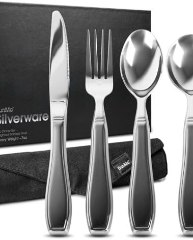 BUNMO Weighted Utensils for Hand Tremors – 4pc Adaptive Utensils for Elderly, Persons w/weak hands – Discreet Travel Wrap, Stainless Steel & Dishwasher Safe – Weighted Silverware Set