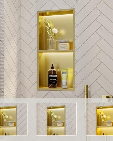 Neohomee 2-Tier Recessed LED Shower Niche,12"X24" Bathroom Wall Niche, with 3-Temperature LED Strip Light 4000K/6000K/3000K, Waterproof No Tile Need Stainless Steel Wall Cabinet(Gold)