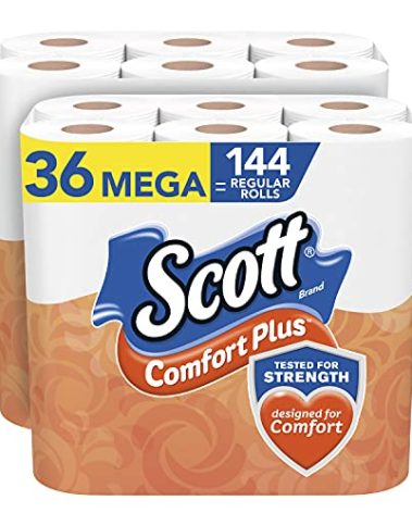 Scott ComfortPlus Toilet Paper, 36 Mega Rolls = 144 Regular Rolls, Bath Tissue, 462 Sheets Per Roll, White, 36 Count