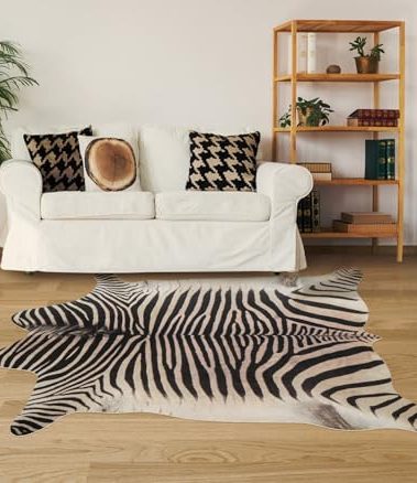GUZAREUU Zebra Print Rug 5.2x4.6 ft Funky Area Rug for Living Room Bedroom, Non-Slip Durable Faux Cowhide Rug No Fur