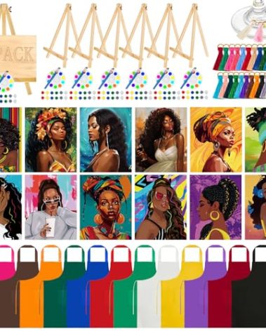 Fullhawl 12 Sets Sip and Paint Kit for Adults Pre Drawn Canvas Painting Set Date Night Paint and Sip for Couples Adults Party(Afro Girl)