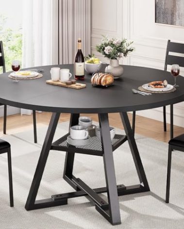Jocoevol Round Dining Table for 4,Kitchen Dining Room Circle Dinner Pedestal Table,Space Saving Wood Kitchen & Dining Room Furniture (Black, 47In)