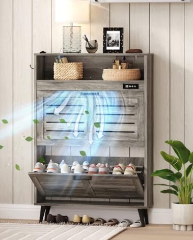 ChooChoo Shoe Storage Cabinet with 2 Flip Drawers, Deodorizing Shoe Cabinets Organizer with Open Storage, Freestanding Hidden Narrow Slim Shoe Rack Cabinet Space Saving for Entryway, Grey