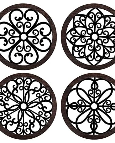 Yulejo 4 Pcs Thicken Rustic Wall Decor Farmhouse Kitchen Wall Round Art Wooden Hollow Carved Design Rustic Art for Living Room Bedroom Hallway Decor (9.8 x 9.8 Inch,Black, Brown)
