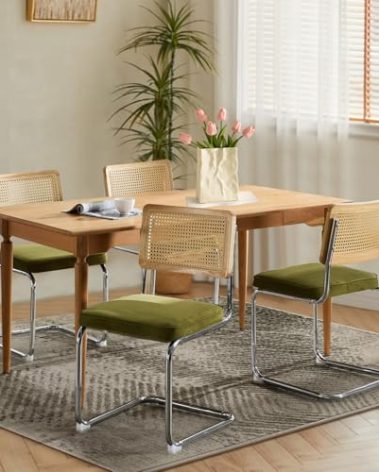 SOARMOTE Rattan Dining Chairs Set of 4,Upholstered Mid-Century Modern Dining Room Chairs with Cane Backrest,Retro Velvet Kitchen Chairs with Stainless Chrome Base,Green