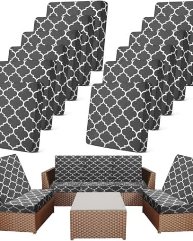 Newwiee 12 Pcs Patio Stretch Outdoor Cushion Covers Sofa Couch Covers Replacement Couch Slipcover for Sofa Seat Chair Porch Patio Furniture Protector, Flexibility and Washable(Plaid,Dark Gray)