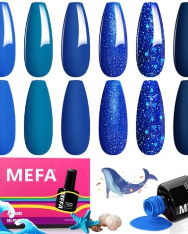 MEFA Blue Gel Nail Polish Set,6 Colors Midnight Navy Sapphire Blue Nail Polish Azure Glitter Dark Shades Starter Kit Soak Off Shimmer Gel Nail Art Design DIY Salon Manicure Holiday Gift for Women
