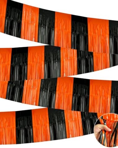 4 Pack 10 Feet Black Orange Halloween Parade Float Decorations for Trailer Car, Foil Fringe Tinsel Streamers Banner Garland for Halloween Graduation Homecoming Party Decoration (Black Orange)