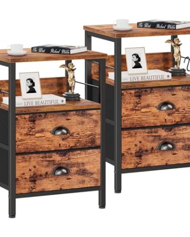 Furologee Night Stand Set of 2, Nightstand with 2 Fabric Drawers, Bed Side Table with Open Shelf, Wooden Top, Hooks, Backboard Design, End Table for Bedroom, Study, Hallway, Brown
