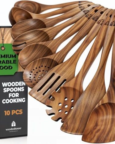 Wooden Spoons for Cooking, 10 Pcs Wooden Cooking Utensils Set – Wooden Utensil Set for Nonstick Pans & Cookware – Teak Wood - Sturdy, Lightweight & Heat Resistant