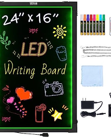 VEVOR LED Message Writing Board, 24"x16" Illuminated Erasable Lighted Chalkboard, Neon Effect Menu Sign Board, Drawing Board with 8 Fluorescent Chalk Markers and Remote Control, for Home Wedding Shop