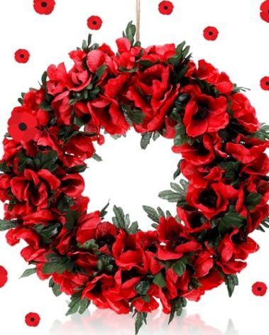 Dingion Veterans Day Red Poppy Wreath 12.6'' Artificial Fall Winter Wreaths with Poppy Flowers Green Leaves Front Door Floral Wreath for Outdoor Indoor Home Farmhouse Memorial and Veterans Day Decor