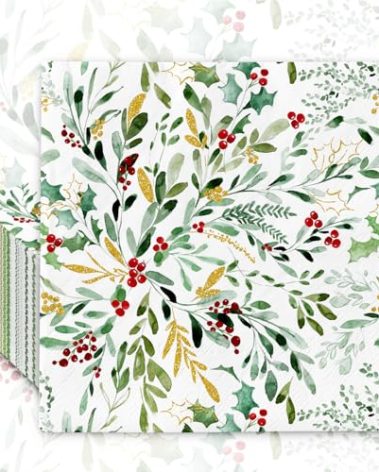 Kamiilah 50Pcs Holly Berry Napkins 6.5 Inch Disposable Napkins Watercolor Holly Eucalyptus Berry Christmas Party Family Gathering Table Decoration
