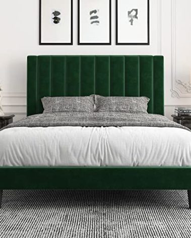 Allewie Queen Bed Frame/Velvet Upholstered Bed Frame with Vertical Channel Tufted Headboard/Strong Wooden Slats/Platform Bed Frame/Mattress Foundation/Box Spring Optional/Easy Assembly/Green