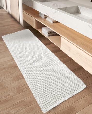 AMOAMI Upgraded Waffle Runner Rug Super Absorbent Non Slip Bath Mats for Bathroom Machine Washable Bathroom Runner Rug with Tassels, Ideal for Hallway Bedroom Laundry Room, 17" x 72", White