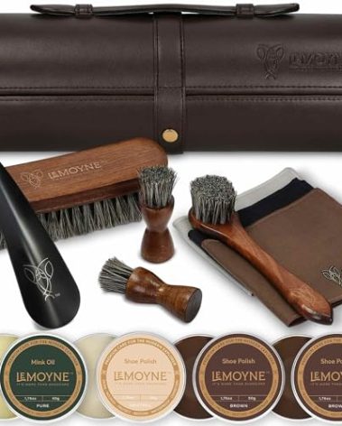 LEMOYNE Leather Shoe Polish Kit – Complete Boot & Shoe Shine Kit for Men – Leather Shoe Care Set & Travel Shoe Cleaning Kit (Brown & Neutral)