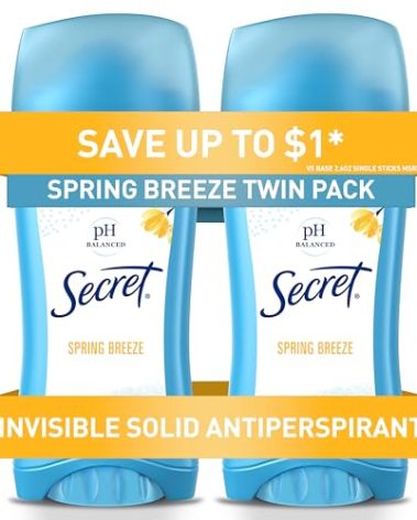 Secret Antiperspirant and Deodorant for Women, 24hr Sweat & Odor Protection, PH Balanced Protection, Gentle on Skin, Invisible Solid, Spring Breeze Scent, 2.6 oz (Pack of 2)
