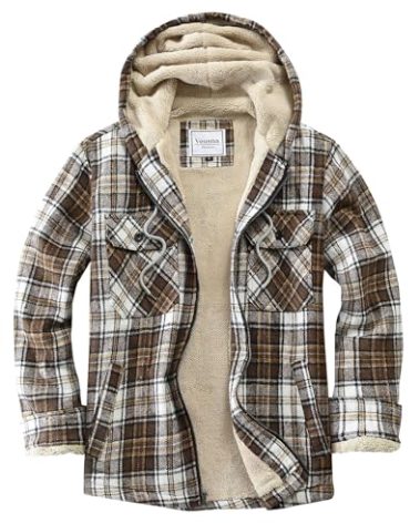 Veusna Men's Flannel Shirt Jacket Fleece Sherpa Lined Plaid Jackets Coat Full Zip Up Hoodie Winter Outwear Brown 3X-Large