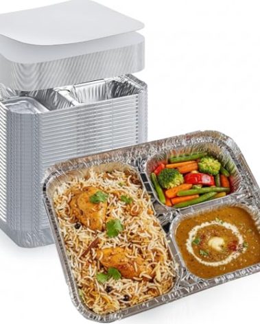 DHG PROFESSIONAL Disposable Aluminum Foil Tray with Paper Board Lids (Case of 250 sets) – L 8 1/2" x W 6 1/2" x H 1 1/2" 3-Compartment Foil Pan