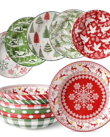 Metahom Christmas Pasta Bowl Set, 8 Inch Salad Serving Bowl, Wide and Shallow Bowl Plate for Kitchen, Dishwasher and Microwave Safe, Set of 6