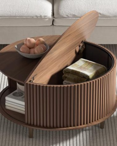 JOINICE,Round Coffee Table with Storage,Fluted Center Table with Sliding Cabinet Door for Living Room,Home Small Space,31.5" Small Center Table,Walnut