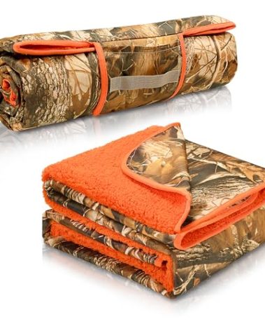 Tirrinia Waterproof Outdoor Blanket with Sherpa Lining, Windproof Triple Layers Warm Comfy Foldable for Camping Stadium, Sports, Picnic, Grass, Travel, Camo Orange Emergency Car Blanket 59” x 80”