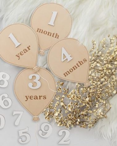 Beautiful Baby Monthly Milestone Cards - The Perfect Wooden Discs for Adorable Milestone Pictures of Your Newborn - 2X Reversible Balloon Signs with Interchangeable Numbers Make a Great Shower Gift