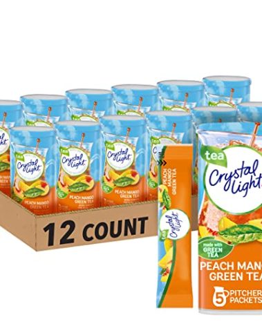 Crystal Light Peach Mango Green Tea Naturally Flavored Powdered Drink Mix, 60 ct Pack, 12 Canisters of 5 Pitcher Packets