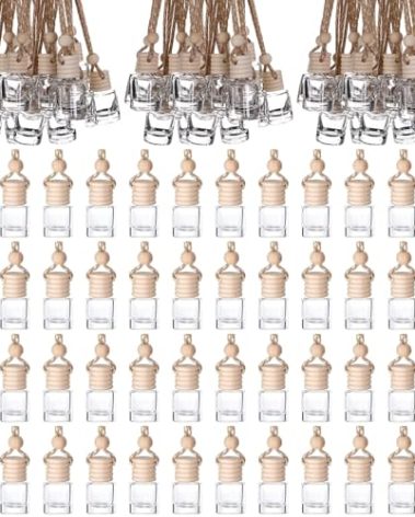 210Pcs 8ml Hanging Car Air Freshener Diffuser Cylindrical Empty Clear Glass Essential Diffuser Oil Aromatherapy Fragrance Perfume Pendant Glass Vial with Wooden Caps Hanging String Car Diffuser Bottle