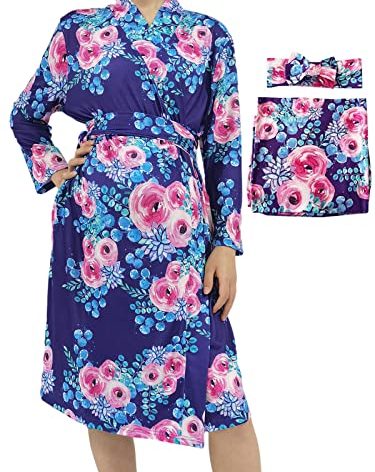 SUFEINI Maternity Robe with Matching Swaddle Set, Mommy Me Swaddle Set Maternity Bathrobe Labor Nursing Delivery Gown