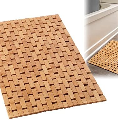 Bamboo Bath Mat - Wooden Bathroom Mat, Foldable Bathmat, Accessory for Sauna Spa Tub Steps and Floors - 24 x 16 x 0.4 Inches [LxWxH]