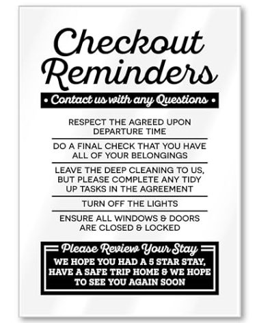 Acrylic Checkout Reminders Sign Compatible with Airbnb Essentials for Hosts Signs, 5x7 Air bnb Signs Standard Guidelines, Rental House Rules Sign Compatible with Airbnb Supplies for Guests, USA Made