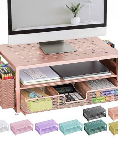 gianotter Desk Organizers and Accessories, Monitor Stand with Drawer and 2 Pen Holder, Desktop Organizer Suitable for Offices and Dormitories (Rose Gold)
