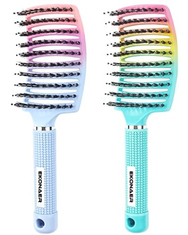 2 Pack Detangling Brush Getting Knots Out without Pain Adds Shine and Makes Hair Smooth,Detangler Boar Bristle Hair Brush for Adult & Kids Wet or Dry Hair(Green&Blue)